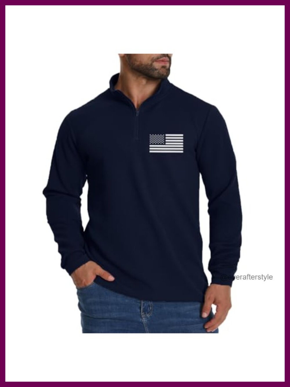 Waffle Knit Quarter Zip Sweatshirt American Flag Patriotic Pullover Men